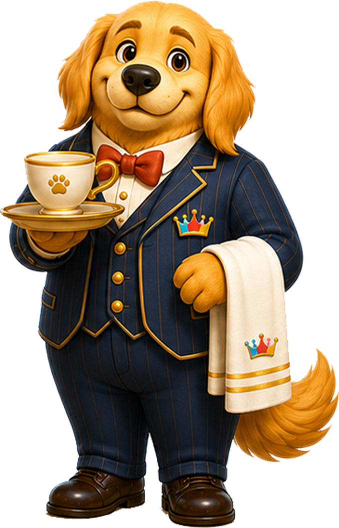 Friendly dog concierge holding tea